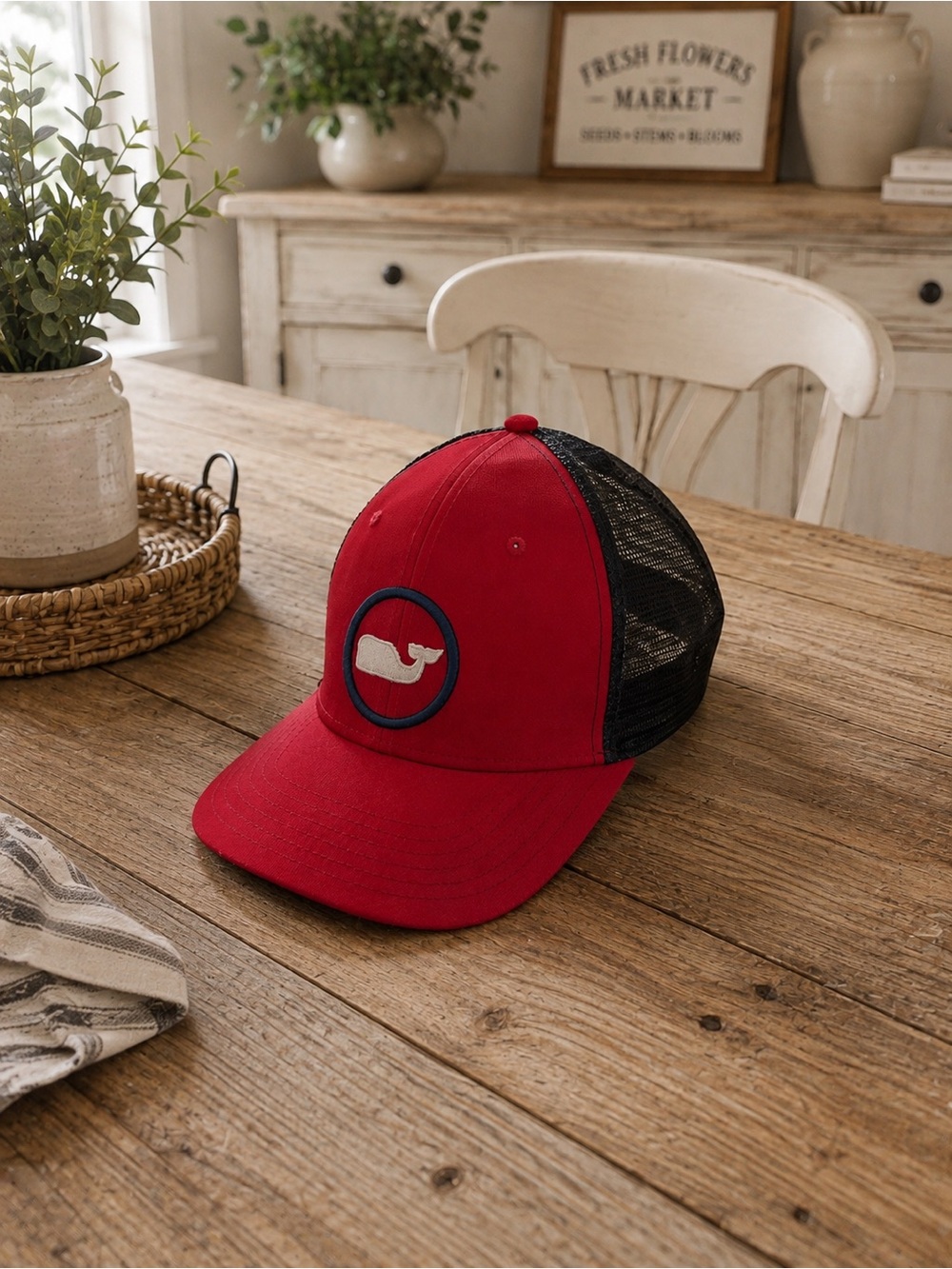 Vineyard Vines Red Whale Patch Mesh-Back Cap- gender neutral